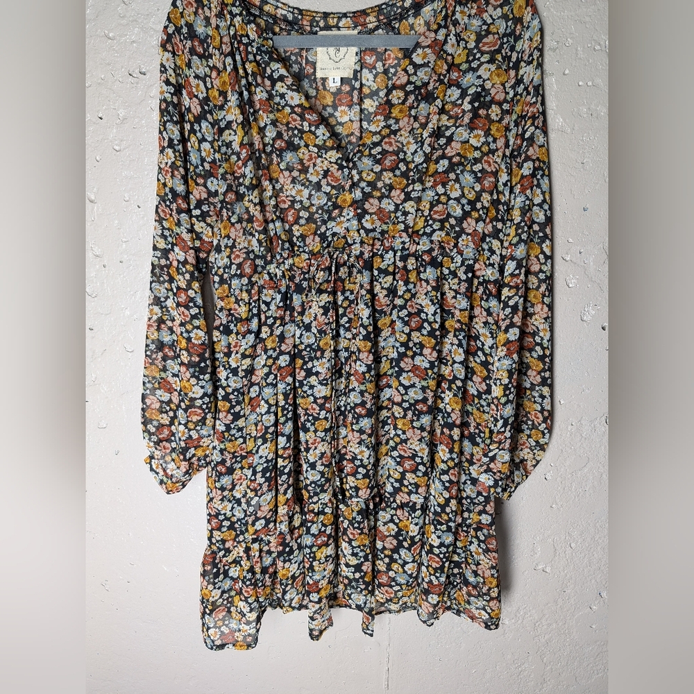 Arthur Jane Claire Sheer Boho Floral Mini Dress L | Cottagecore Flowy Dress